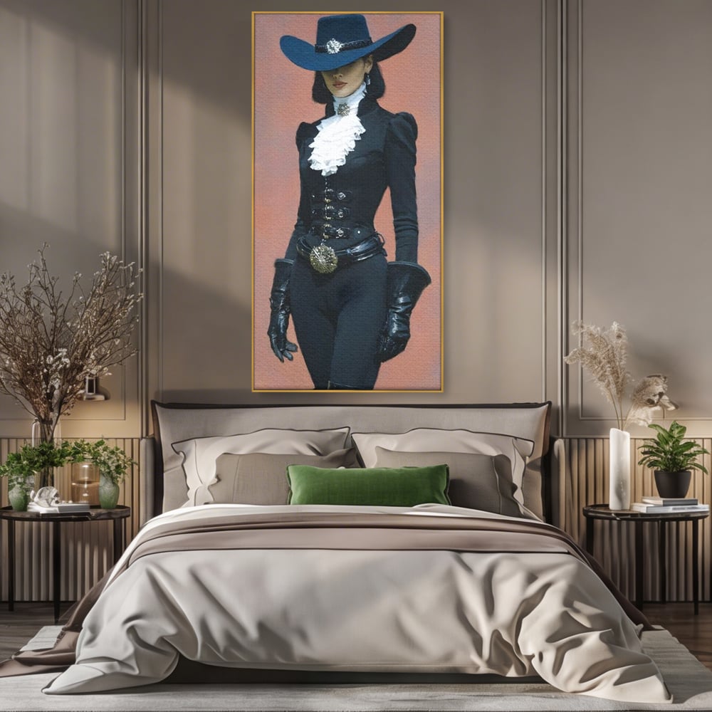Tablou canvas cu tablou canvas cu femeie aristocrata imbracata in negru, in rama de aluminiu auriu, pe perete intr-un dormitor